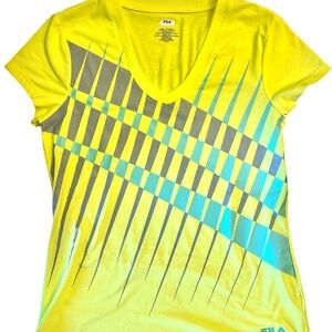 FILA Women’s Yellow V-Neck Tee with Teal and Gray Graphic